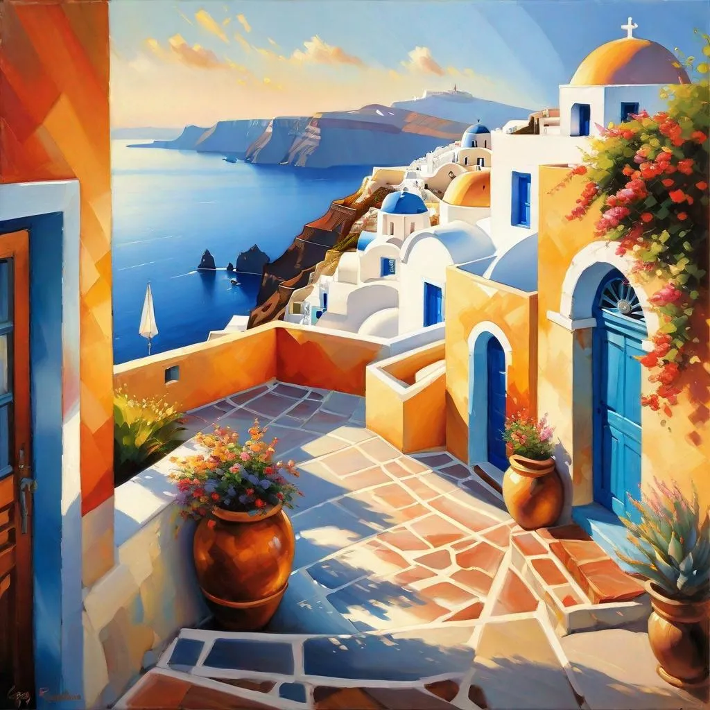 Prompt: Santorini, streets, ocean, mountains in the background, sunny, hot weather, hyperrealistic, extremely detailed painting by Greg Rutkowski by Steve Henderson 