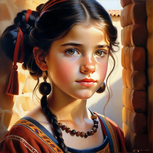 Prompt: A 13 years old Ancient Iberian girl, pale skin, freckles, black hair, pigtails, brown eyes, traditional Iberian dress, Iberian village, photorealistic, extremely detailed painting by Greg Rutkowski by Steve Henderson