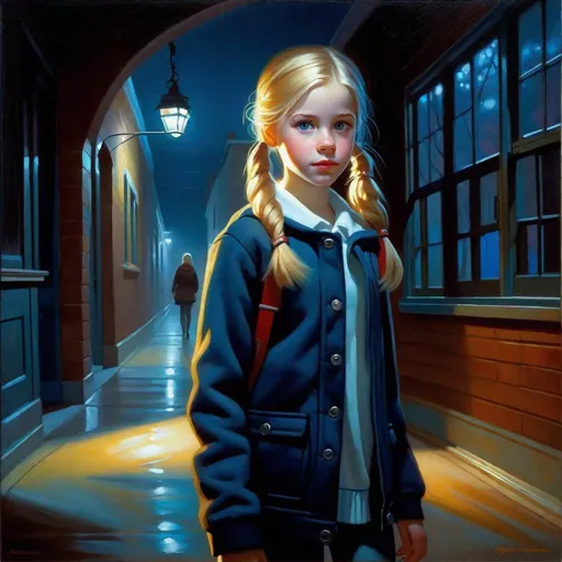 Prompt: A 13 years old Russian-American girl, pale skin, freckles, blonde hair, pigtails, blue eyes, cold weather, night, high school corridors, creepy, spooky, dark figure in the background, full body, third-person, gameplay, photorealistic, extremely detailed painting by Greg Rutkowski by Steve Henderson