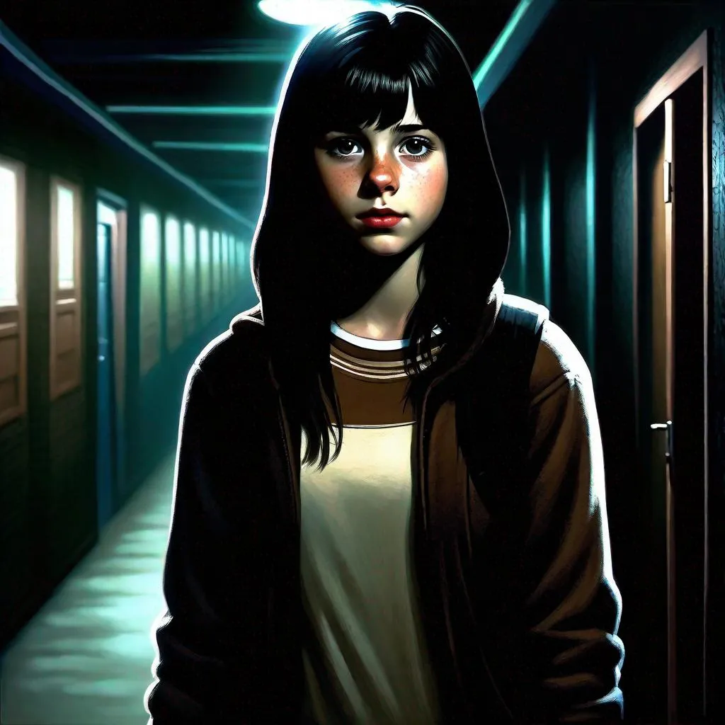 Prompt: A 13 years old Castizo Uruguayan girl, pale skin, freckles, black hair, bangs, brown eyes, cold weather, night, high school corridors, creepy, spooky, dark figure in the background, dark brown atmosphere, full body, third-person, gameplay, full body portrait, photorealistic, extremely detailed painting by Greg Rutkowski by Steve Henderson