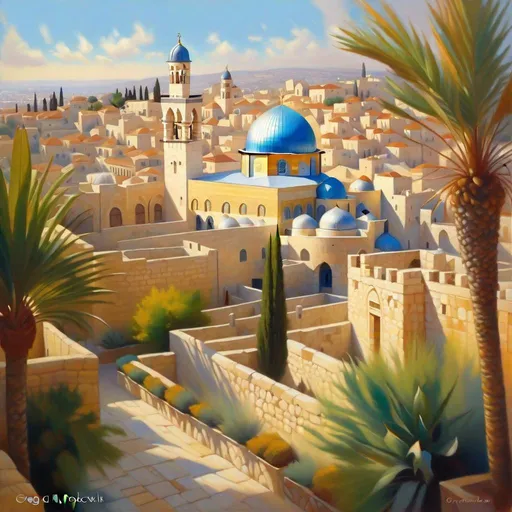 Prompt: Aerial view of Old Jerusalem, photorealistic, extremely detailed painting by Greg Rutkowski by Steve Henderson