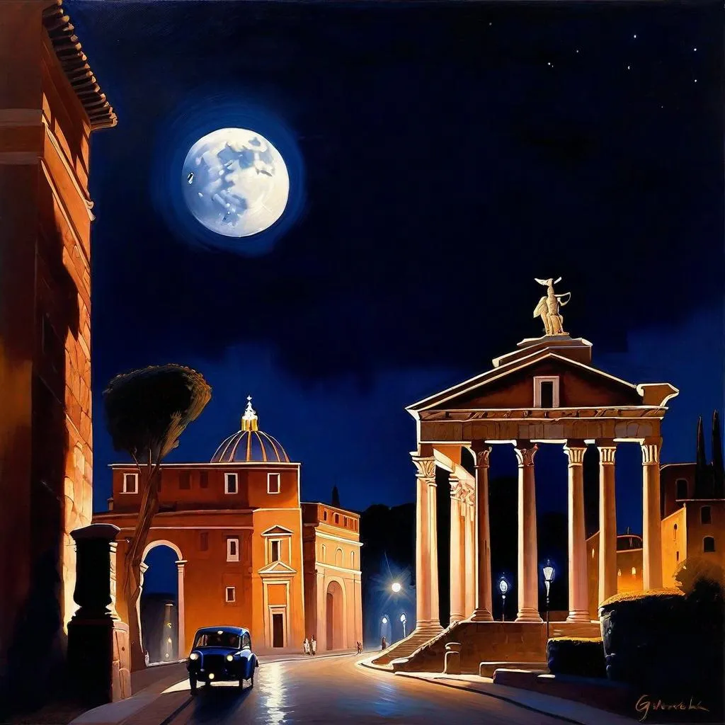 Prompt: Ancient Rome at night, Rome streets, Palatine Hill, dark blue sky, moon, realistic, extremely detailed painting by Greg Rutkowski by Steve Henderson 