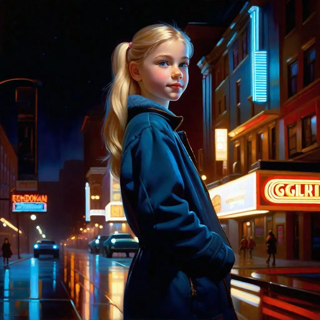 Prompt: A 13 years old Russian-American girl, pale skin, freckles, blonde hair, pigtails, blue eyes, cold weather, night, Downtown streets, neon signs, dark blue atmosphere, full body, third-person, gameplay, photorealistic, extremely detailed painting by Greg Rutkowski by Steve Henderson