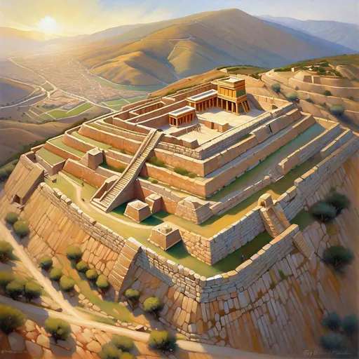 Prompt: Aerial view of Mycenae citadel, large cyclopean walls, Grave Circle A, merchants, guards, Mycenaean palace complex on hill, Late Bronze Age, historical reconstruction, sunny weather, hyperrealistic, extremely detailed painting by Greg Rutkowski by Steve Henderson
