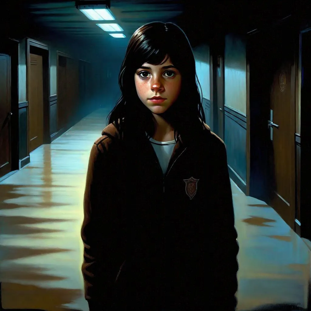 Prompt: A 13 years old Castizo Uruguayan girl, pale skin, freckles, black hair, bangs, brown eyes, cold weather, night, high school corridors, creepy, spooky, dark figure in the background, dark brown atmosphere, full body, third-person, gameplay, full body portrait, photorealistic, extremely detailed painting by Greg Rutkowski by Steve Henderson