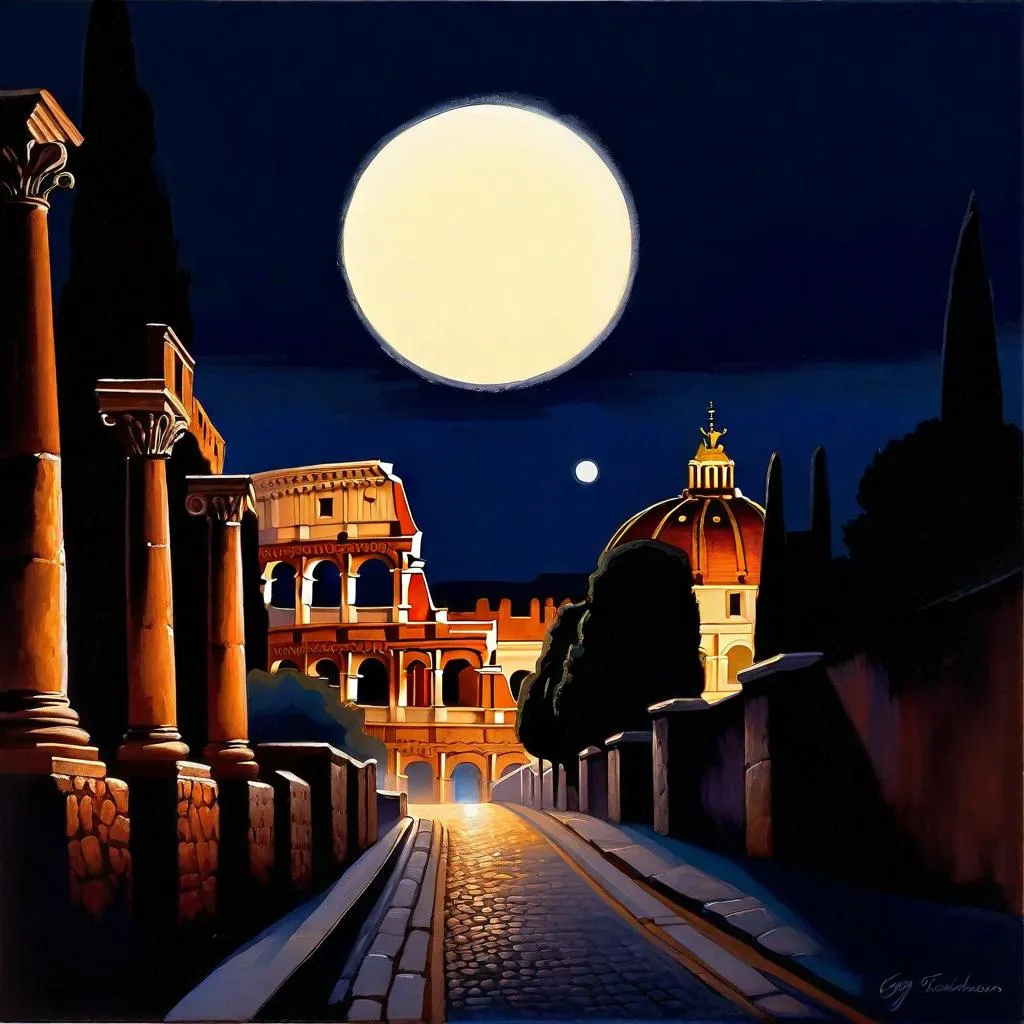 Prompt: Ancient Rome at night, Rome streets, Palatine Hill, dark blue sky, moon, realistic, extremely detailed painting by Greg Rutkowski by Steve Henderson 