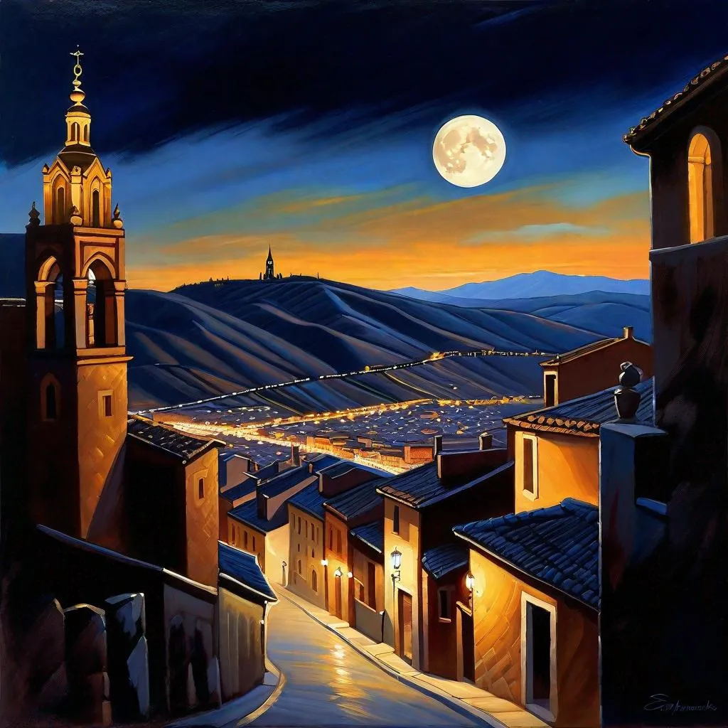 Prompt: Toledo at night, Toledo streets, mountains in the background, dark blue sky, moon, realistic, extremely detailed painting by Greg Rutkowski by Steve Henderson 