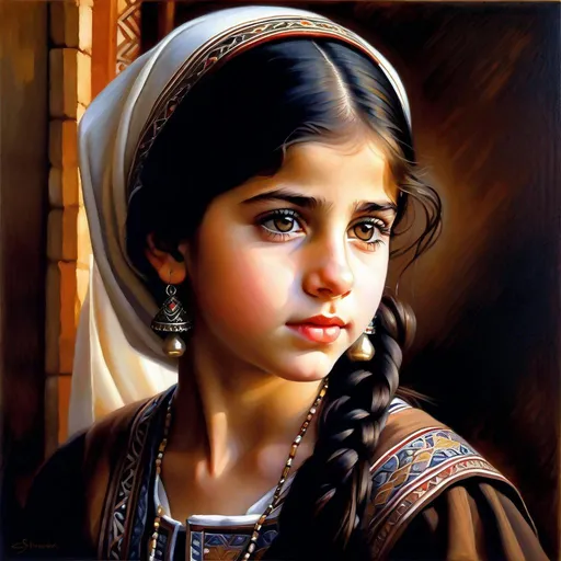 Prompt: A 13 years old Syrian girl, pale skin, black hair, pigtails, brown eyes, traditional Syrian dress, Old Damascus, photorealistic, extremely detailed painting by Greg Rutkowski by Steve Henderson