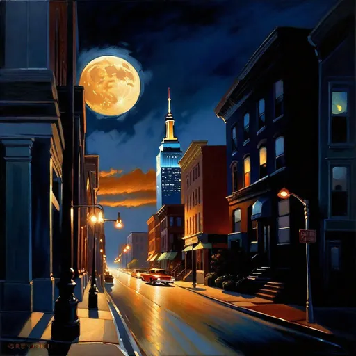 Prompt: Liberty City at night, streets, dark blue sky, moon, realistic, extremely detailed painting by Greg Rutkowski by Steve Henderson 