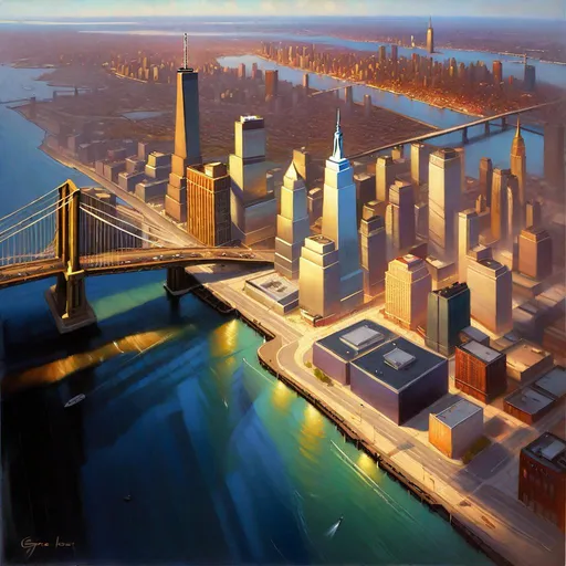 Prompt: Aerial view of Liberty City, GTA IV, realistic, extremely detailed painting by Greg Rutkowski by Steve Henderson 