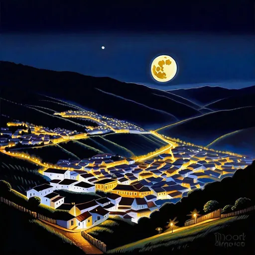 Prompt: Ouro Preto at night, Ouro Preto streets, mountains in the background, dark blue sky, moon, realistic, extremely detailed painting by Greg Rutkowski by Steve Henderson 