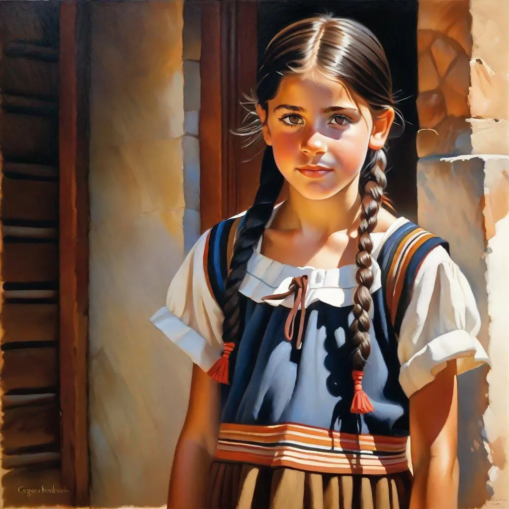 Prompt: A 13 years old Uruguayan Castizo girl, pale skin, freckles, black hair, pigtails, brown eyes, traditional Gaucho dress, Montevideo, Uruguay, photorealistic, extremely detailed painting by Greg Rutkowski by Steve Henderson