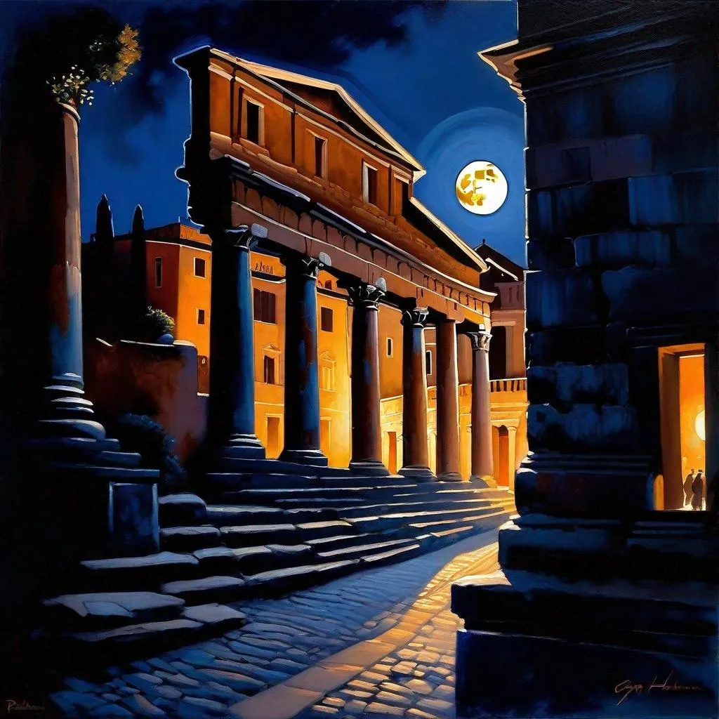 Prompt: Ancient Rome at night, Rome streets, Palatine Hill, dark blue sky, moon, realistic, extremely detailed painting by Greg Rutkowski by Steve Henderson 