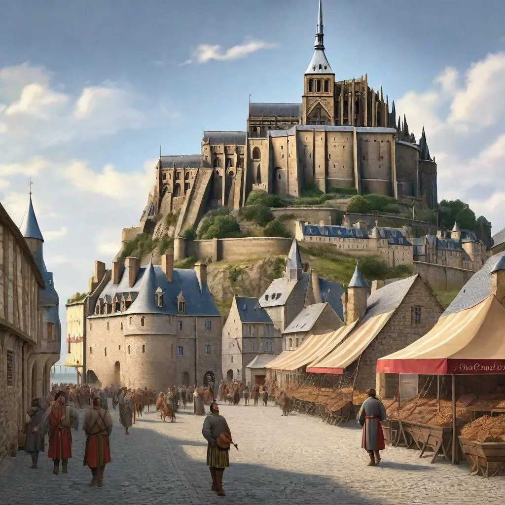 Prompt: Mont Saint-Michel, streets, merchants, guards, castle and abbey complex on hill, Late Middle Ages, historical reconstruction, sunny weather, hyperrealistic, extremely detailed painting.