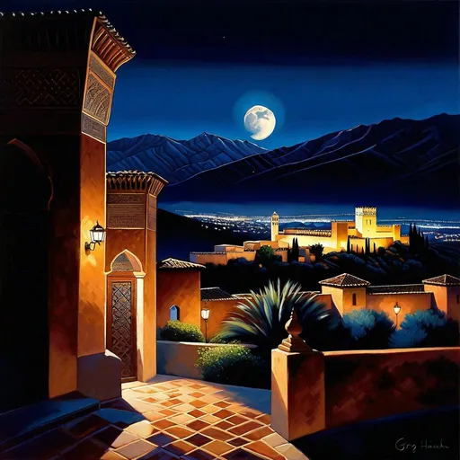 Prompt: Alhambra at night, Alhambra streets, mountains in the background, dark blue sky, moon, realistic, extremely detailed painting by Greg Rutkowski by Steve Henderson 