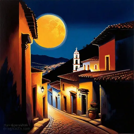Prompt: Taxco at night, Taxco streets, mountains in the background, dark blue sky, moon, realistic, extremely detailed painting by Greg Rutkowski by Steve Henderson 