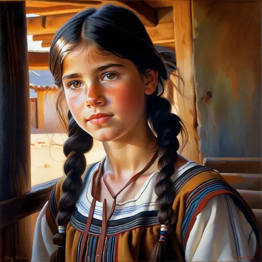 Prompt: A 13 years old Argentinian Castizo girl, pale skin, freckles, black hair, pigtails, brown eyes, traditional Gaucho dress, Patagonia, photorealistic, extremely detailed painting by Greg Rutkowski by Steve Henderson