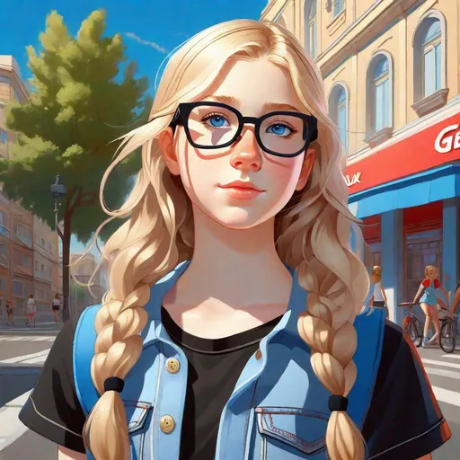 Prompt: 13 years old Russian-American girl, pale skin, freckles, wavy blonde hair, pigtails, icy blue eyes, gamer, glasses, warm weather, black shirt and blue jean shorts, streets, gameplay, Persona 5 style, cel shaded style, intricate, detailed face, by Greg Rutkowski.