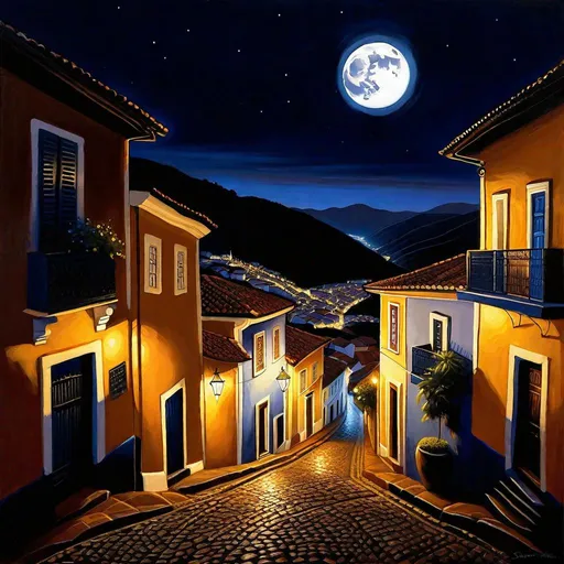 Prompt: Ouro Preto at night, Ouro Preto streets, mountains in the background, dark blue sky, moon, realistic, extremely detailed painting by Greg Rutkowski by Steve Henderson 