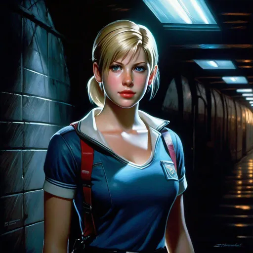 Prompt: Sherry Birkin from Resident Evil 2, 12 years old American girl, pale skin, freckles, blonde hair, pigtails, icy blue eyes, underground maintenance tunnels, night, full body portrait, dark atmosphere, Mr. X in the background, photorealisitc style, extremely detailed painting by Greg Rutkowski by Steve Henderson