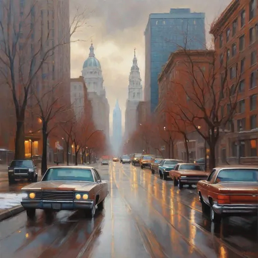 Prompt: Philadelphia, streets, skyscrapers, rust belt, cloudy skies, cold gloomy weather, leafless trees, hyperrealistic, extremely detailed painting by Greg Rutkowski by Steve Henderson 