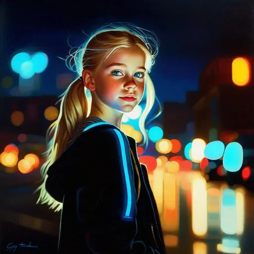 Prompt: A 13 years old Russian-American girl, pale skin, freckles, blonde hair, pigtails, blue eyes, cold weather, night, neon lights, ghetto, Brooklyn, full body portrait, photorealistic, extremely detailed painting by Greg Rutkowski by Steve Henderson