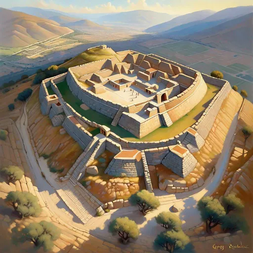 Prompt: Aerial view of Mycenae citadel, cyclopean walls, merchants, guards, Mycenaean palace on hill, Late Bronze Age, historical reconstruction, sunny weather, hyperrealistic, extremely detailed painting by Greg Rutkowski by Steve Henderson