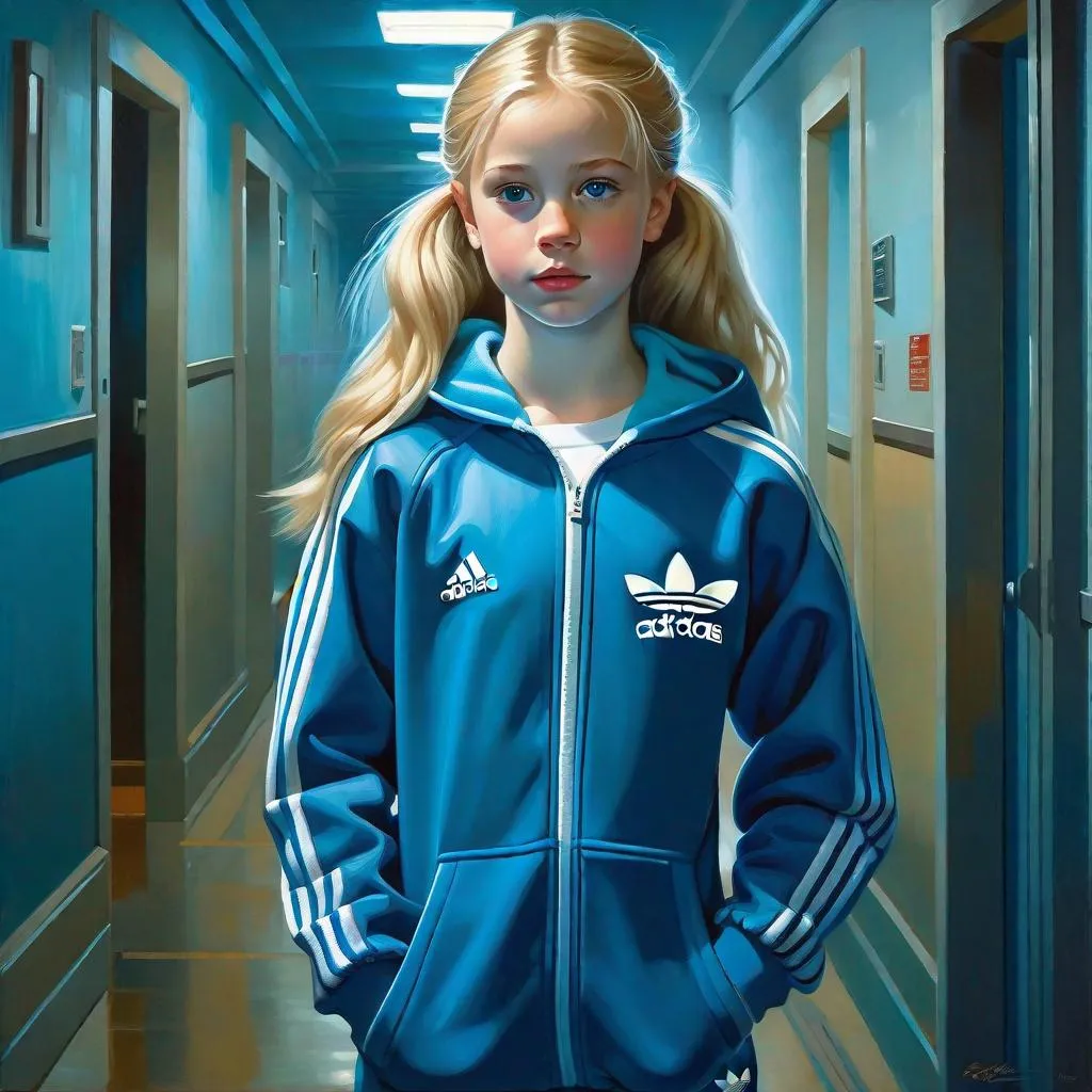 Prompt: A 13 years old Russian-American girl, pale skin, freckles, blonde hair, pigtails, icy blue eyes, adidas tracksuit, cold weather, night, hospital corridor, full body portrait, dark atmosphere, photorealisitc style, extremely detailed painting by Greg Rutkowski by Steve Henderson