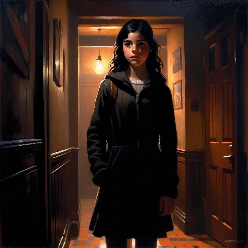 Prompt: A 13 years old Castizo Uruguayan girl, pale skin, freckles, black hair, brown eyes, cold weather, night, high school corridors, creepy, spooky, dark figure in the background, dark brown atmosphere, full body, third-person, gameplay, full body portrait, photorealistic, extremely detailed painting by Greg Rutkowski by Steve Henderson