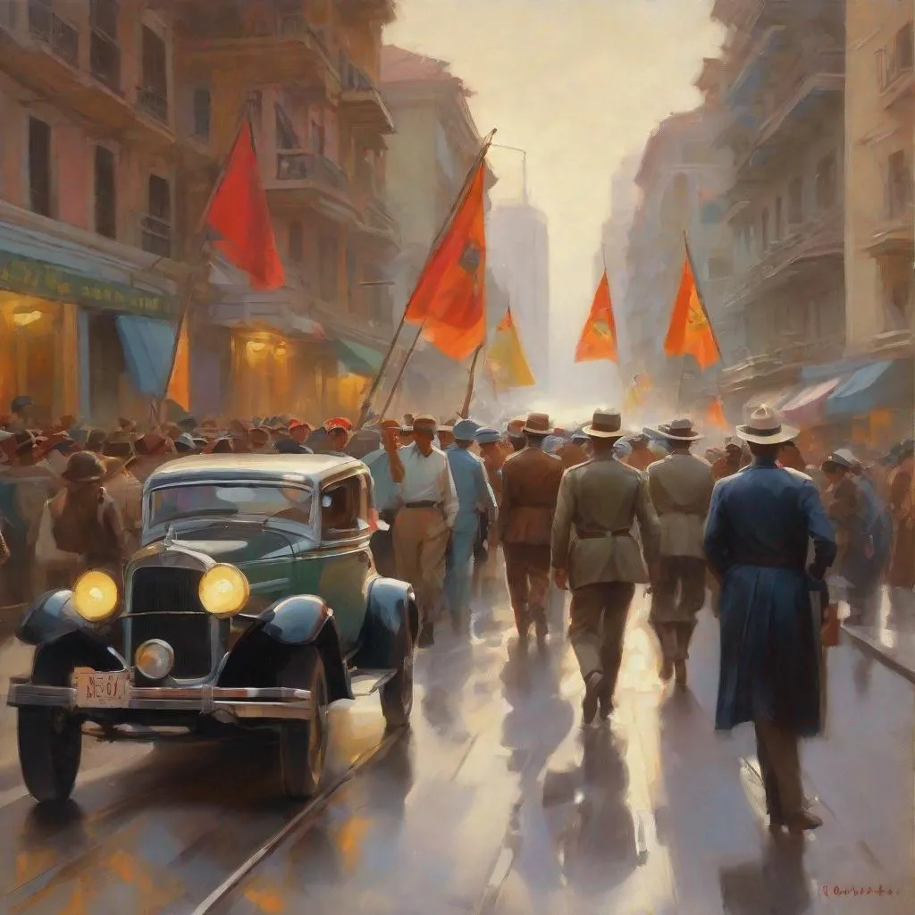 Prompt: 1930's Latin American revolution, streets, realistic, extremely detailed painting by Greg Rutkowski by Steve Henderson 