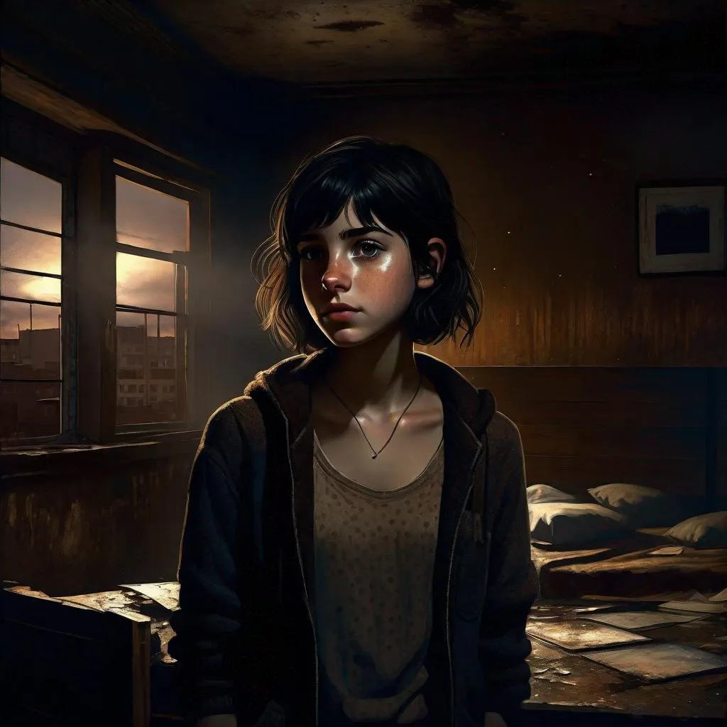 Prompt: A 13 years old Castizo Uruguayan girl, pale skin, freckles, black hair, messy short hair, bangs, brown eyes, cold weather, night, abandoned apartment, interior, rusty, dirty, creepy, spooky, dark figure in the background, dark brown atmosphere, full body, third-person, full body portrait, photorealistic, extremely detailed painting by Greg Rutkowski by Steve Henderson