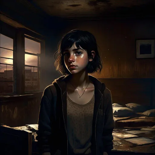 Prompt: A 13 years old Castizo Uruguayan girl, pale skin, freckles, black hair, messy short hair, bangs, brown eyes, cold weather, night, abandoned apartment, interior, rusty, dirty, creepy, spooky, dark figure in the background, dark brown atmosphere, full body, third-person, full body portrait, photorealistic, extremely detailed painting by Greg Rutkowski by Steve Henderson