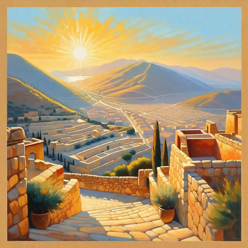 Prompt: Mycenae, streets, mountains in the background, fortress on a hill, sunny, hot weather, hyperrealistic, extremely detailed painting by Greg Rutkowski by Steve Henderson 