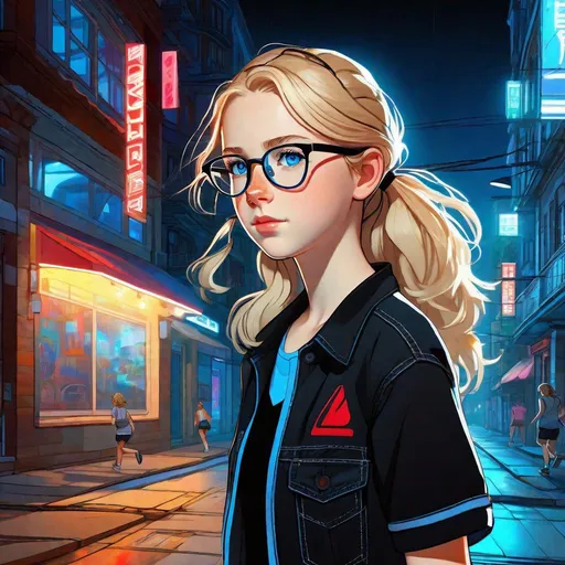 Prompt: 13 years old Russian-American girl, pale skin, freckles, wavy blonde hair, pigtails, icy blue eyes, glasses, black shirt and blue jean shorts, night, street, neon lights, run down buildings, gameplay, Persona 5 style, cel shaded style, intricate, detailed face, by Greg Rutkowski.