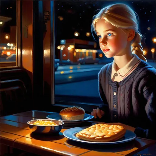 Prompt: A 13 years old Russian-American girl, pale skin, freckles, blonde hair, pigtails, blue eyes, cold weather, night, diner, warm atmosphere, full body, third-person, gameplay, photorealistic, extremely detailed painting by Greg Rutkowski by Steve Henderson