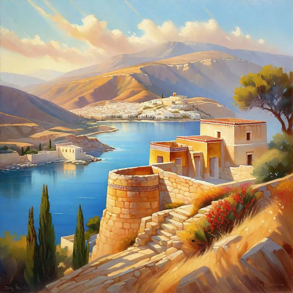 Prompt: Minoan palace, Greece, mountains in the background, fortress on a hill, sunny weather, hyperrealistic, extremely detailed painting by Greg Rutkowski by Steve Henderson 