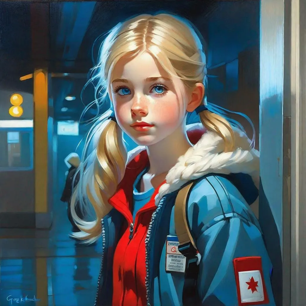 Prompt: A 13 years old Russian-American girl, pale skin, freckles, blonde hair, pigtails, blue eyes, cold weather, night, hospital corridor, full body portrait, anime style, Persona 5, extremely detailed painting by Greg Rutkowski by Steve Henderson