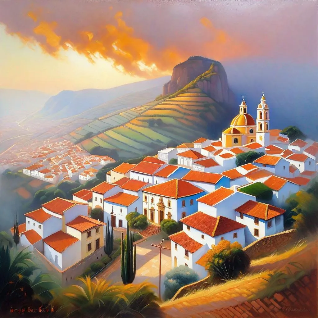 Prompt: Minas Gerais town, colonial Portuguese architecture, baroque churches, mountains in the background, town on a hill, foggy, cool weather, hyperrealistic, extremely detailed painting by Greg Rutkowski by Steve Henderson 