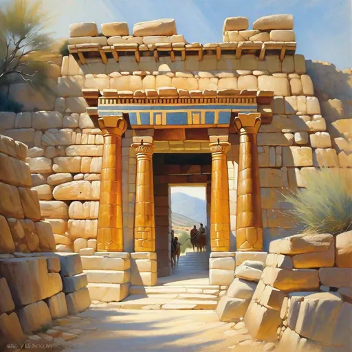 Prompt: Lion Gate entrance in Mycenae, cyclopean walls, merchants, guards, Mycenaean palace on hill, Late Bronze Age, historical reconstruction, sunny weather, hyperrealistic, extremely detailed painting by Greg Rutkowski by Steve Henderson