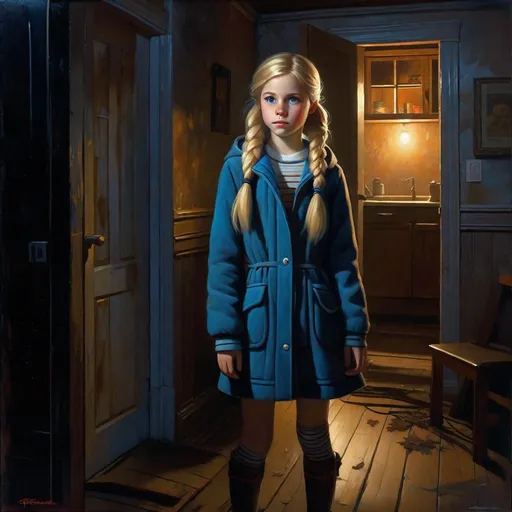 Prompt: A 13 years old Russian-American girl, pale skin, freckles, blonde hair, pigtails, blue eyes, cold weather, night, abandoned apartment, creepy, spooky, dark figure in the background, dark brown atmosphere, full body, third-person, gameplay, photorealistic, extremely detailed painting by Greg Rutkowski by Steve Henderson