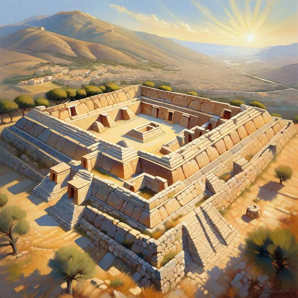 Prompt: Aerial view of Mycenae citadel, cyclopean walls, merchants, guards, Mycenaean palace on hill, Late Bronze Age, historical reconstruction, sunny weather, hyperrealistic, extremely detailed painting by Greg Rutkowski by Steve Henderson