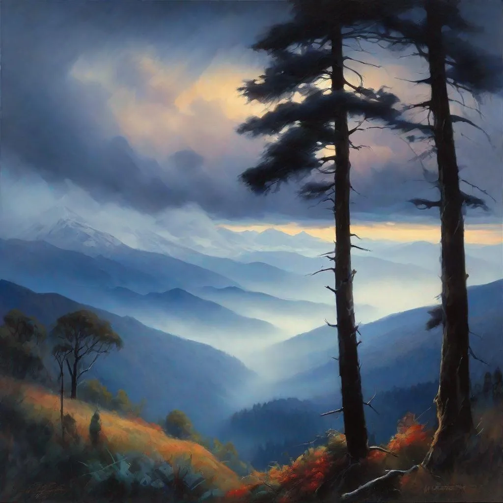 Prompt: Argentina, forests, mist, mountains in the background, rainy, cool weather, dark blue skyes, night, hyperrealistic, extremely detailed painting by Greg Rutkowski by Steve Henderson 