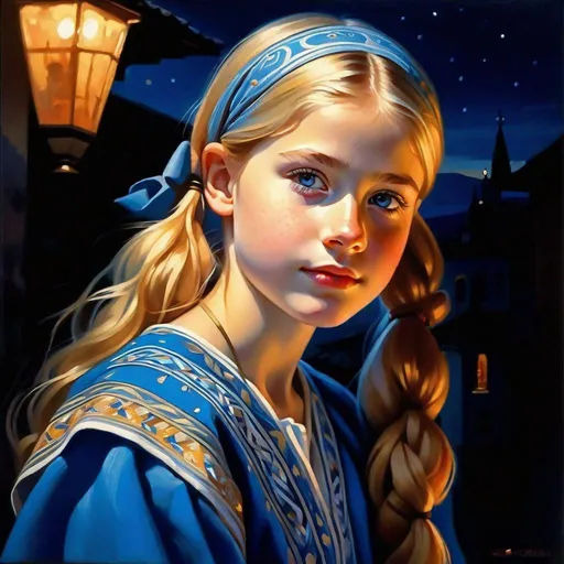 Prompt: A 13 years old Georgian girl, pale skin, freckles, blonde hair, pigtails, blue eyes, traditional Kartvelian dress, Tbilisi at night, photorealistic, extremely detailed painting by Greg Rutkowski by Steve Henderson