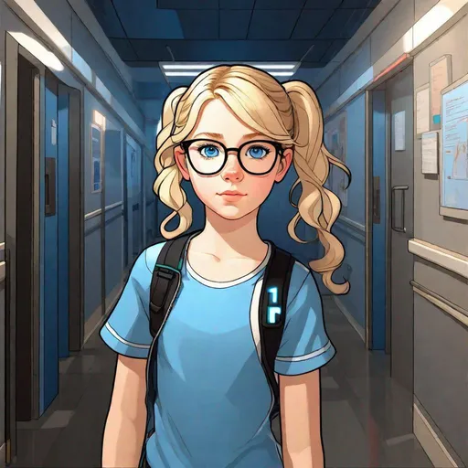 Prompt: 13 years old Russian-American girl, pale skin, freckles, wavy blonde hair, pigtails, icy blue eyes, glasses, night, black shirt and blue jean shorts, hospital corridors, gameplay, Persona 5 style, cel shaded style, intricate, detailed face, by Greg Rutkowski.