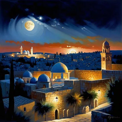 Prompt: Jerusalem at night, fortress, Old Jerusalem streets, dark blue sky, moon, realistic, extremely detailed painting by Greg Rutkowski by Steve Henderson 