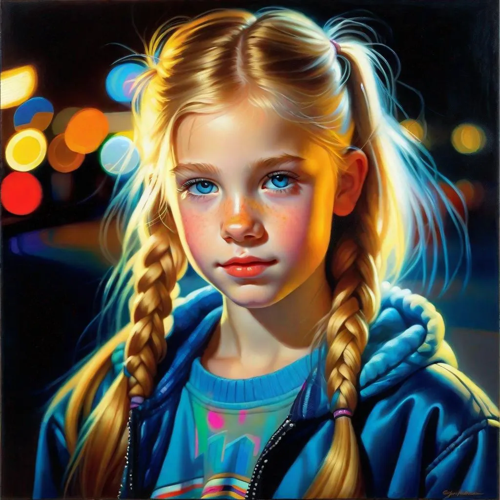 Prompt: A 13 years old Russian-American girl, pale skin, freckles, blonde hair, pigtails, blue eyes, cold weather, night, neon lights, ghetto, Brooklyn, full body portrait, photorealistic, extremely detailed painting by Greg Rutkowski by Steve Henderson