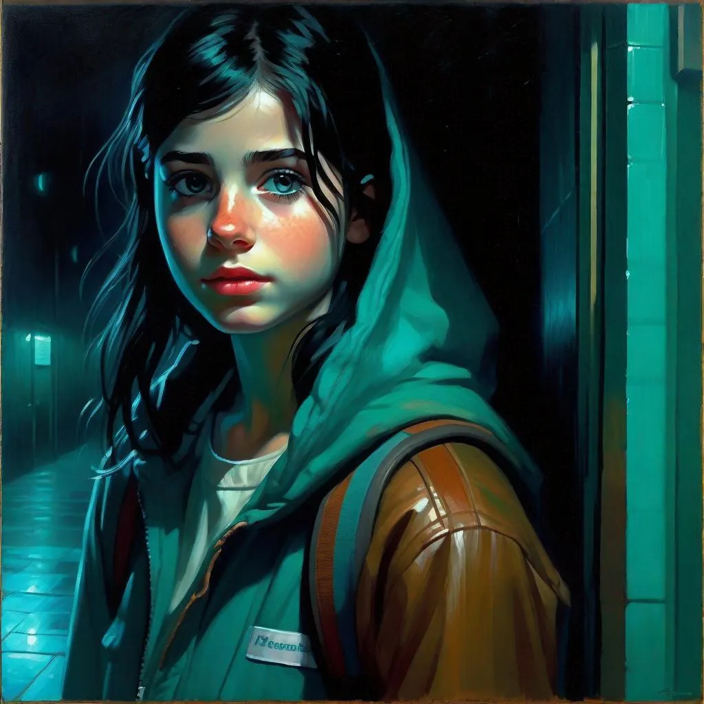 Prompt: A 13 years old Castizo Uruguayan girl, pale skin, freckles, black hair, brown eyes, rainy foggy weather, night, hospital corridor, turquoise-ish atmosphere, creepy, spooky, dark figure in the background, full body, third-person, gameplay, full body portrait, photorealistic, extremely detailed painting by Greg Rutkowski by Steve Henderson