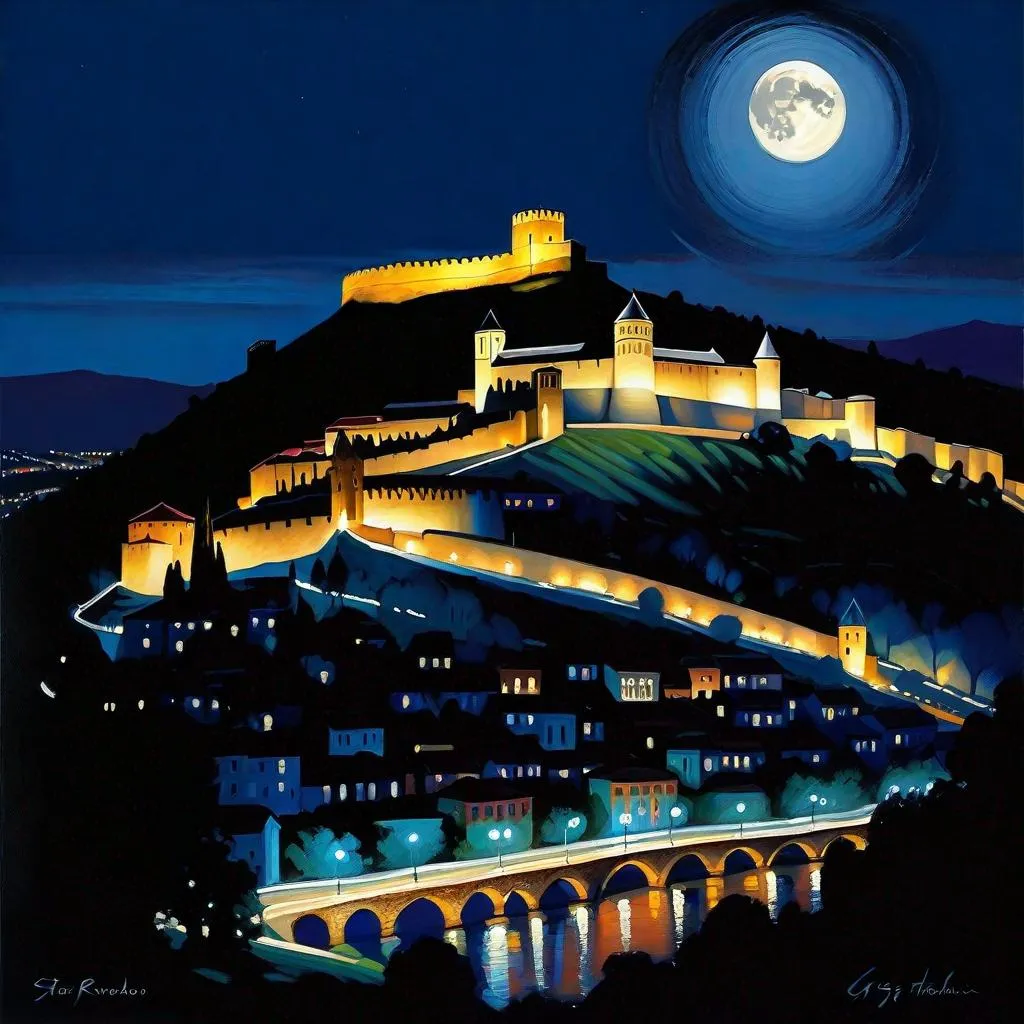 Prompt: Tbilisi at night, Narikala fortress, Old Tbilisi, dark blue sky, moon, extremely detailed painting by Greg Rutkowski by Steve Henderson 