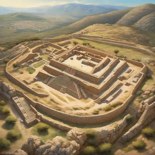 Prompt: Aerial view of Mycenae citadel, large cyclopean walls, Grave Circle A, merchants, guards, Mycenaean palace complex on hill, Late Bronze Age, historical reconstruction, sunny weather, hyperrealistic, extremely detailed painting.