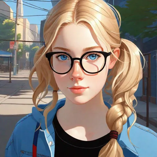 Prompt: 15 years old Russian-American girl, pale skin, freckles, wavy blonde hair, pigtails, icy blue eyes, gamer, glasses, warm weather, black shirt and blue jean shorts, streets, gameplay, Persona 5 style, cel shaded style, intricate, detailed face, by Greg Rutkowski.